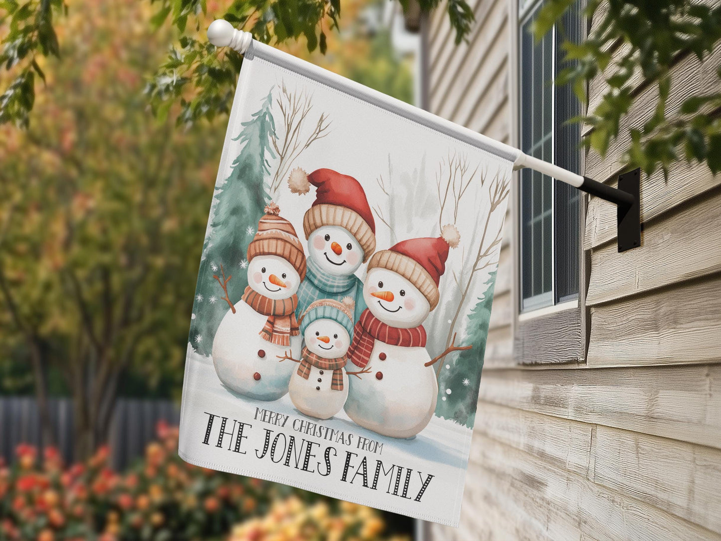 Custom Christmas Porch Flag, Personalized Snowman Family Garden Flag, Custom Family of 4