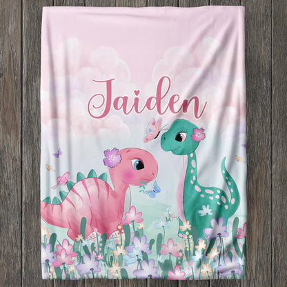 Custom Girls Dino Blankets, Personalized Pink Dinosaurs Blanket