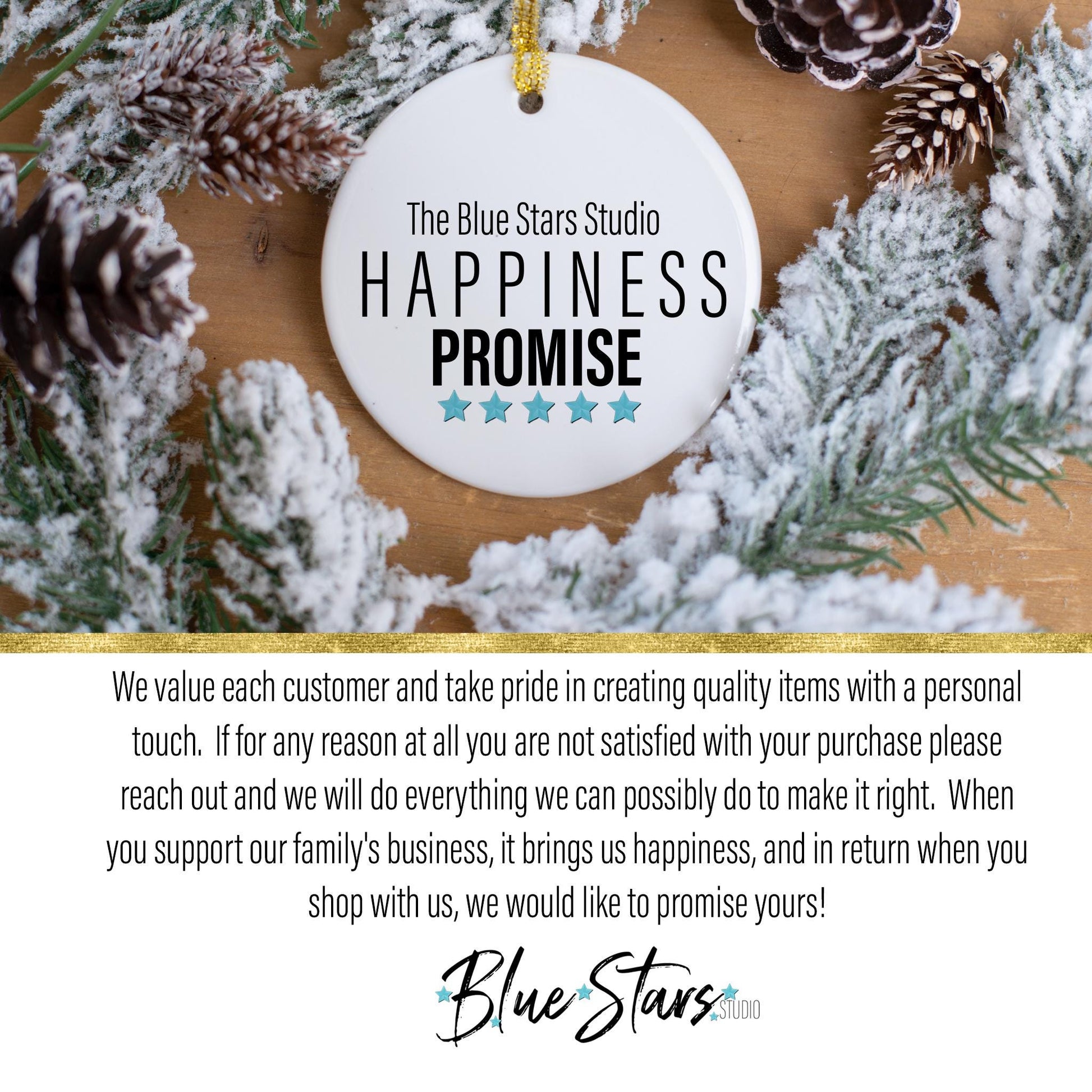 a blue star studio christmas ornament with a quote