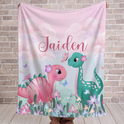 Custom Girls Dino Blankets, Personalized Pink Dinosaurs Blanket