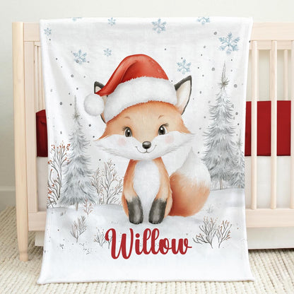 Custom Childrens Blanket, Personalized Christmas Blanket with Name ,  Baby Woodland Fox