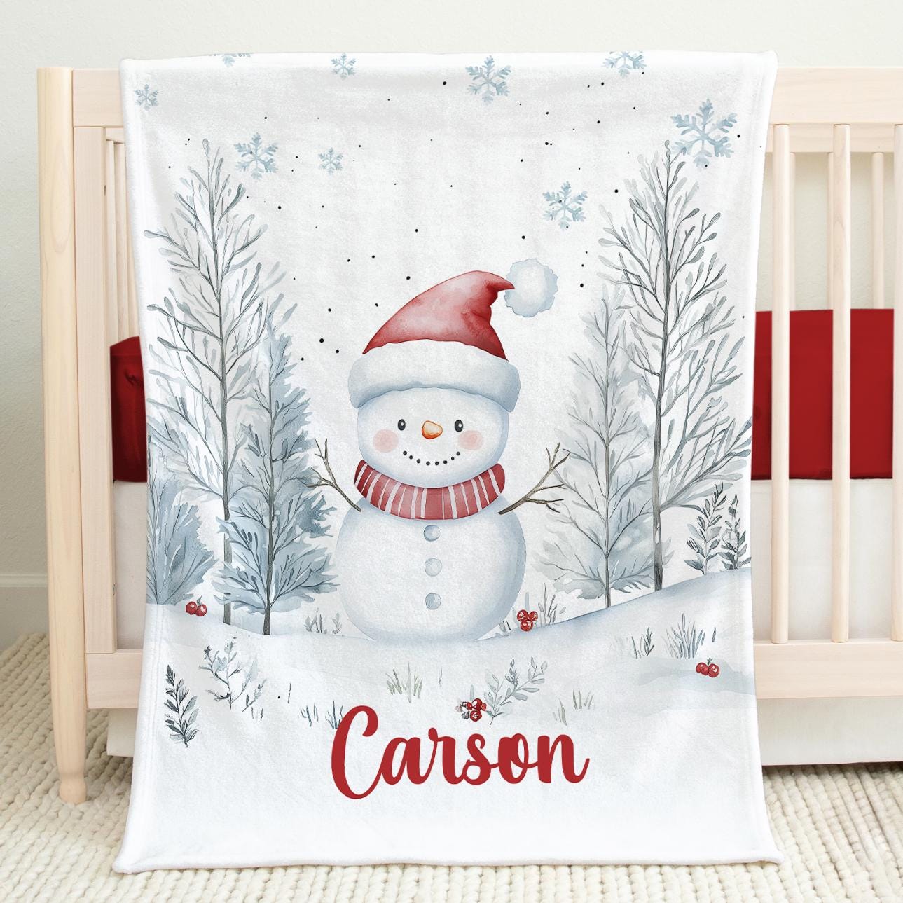 Custom Childrens Blanket, Personalized Christmas Blanket with Name , Winter Snowman, Baby Blanket