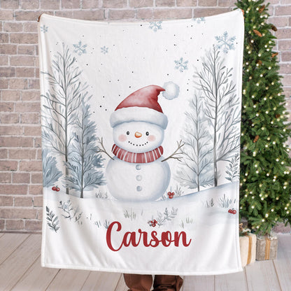 Custom Childrens Blanket, Personalized Christmas Blanket with Name , Winter Snowman, Baby Blanket