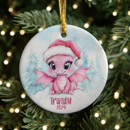 Girls Custom Dragon Ornament, Personalized Kids Christmas Dragon Ornaments, Childrens Gift Ornament with Any Name, Pink Christmas Ornament