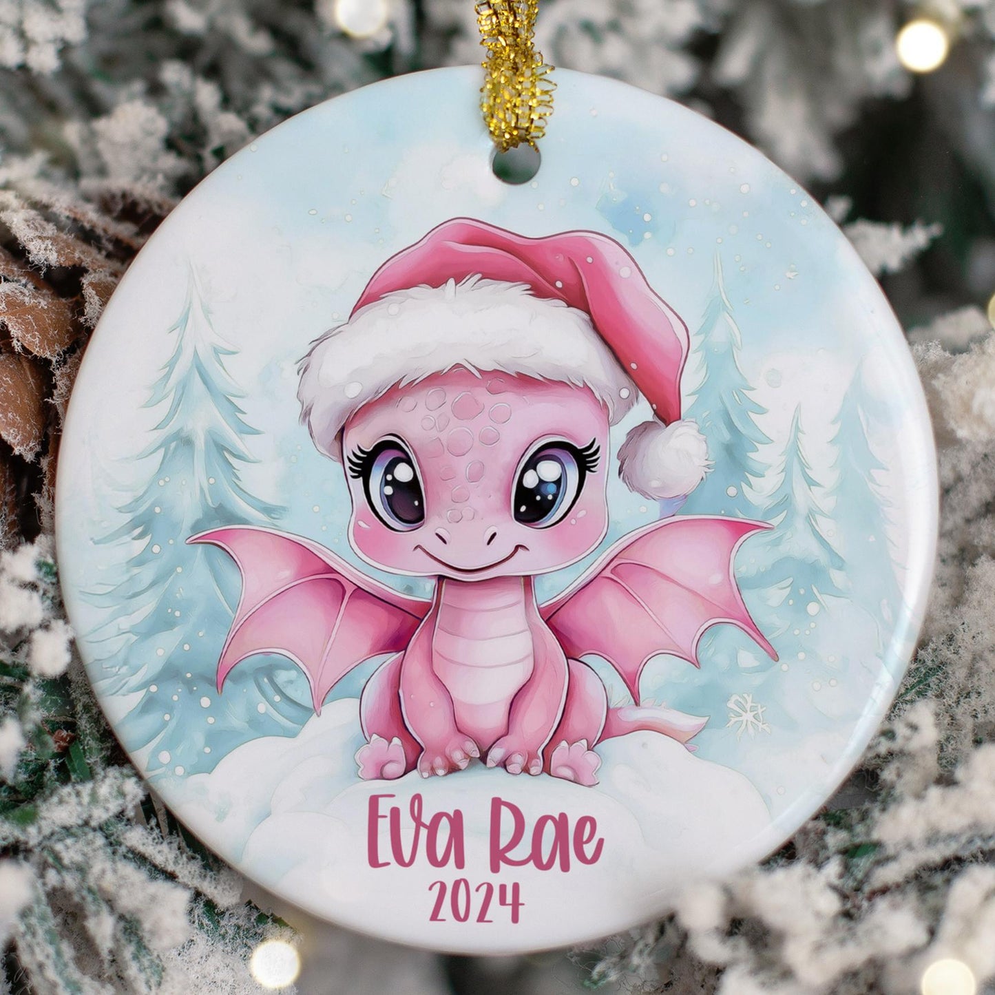 Girls Custom Dragon Ornament, Personalized Kids Christmas Dragon Ornaments, Childrens Gift Ornament with Any Name, Pink Christmas Ornament