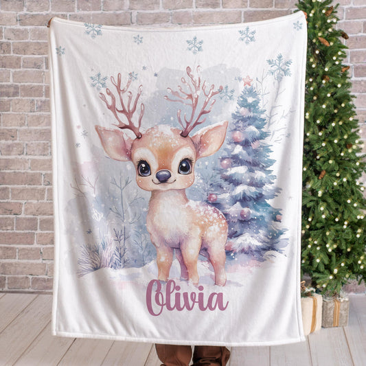 Custom Childrens Blanket, Personalized Reindeer Christmas Blanket