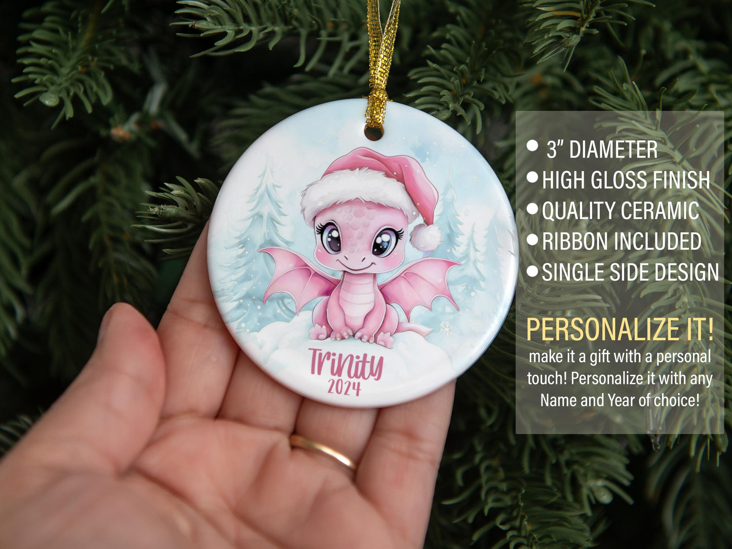 Girls Custom Dragon Ornament, Personalized Kids Christmas Dragon Ornaments, Childrens Gift Ornament with Any Name, Pink Christmas Ornament