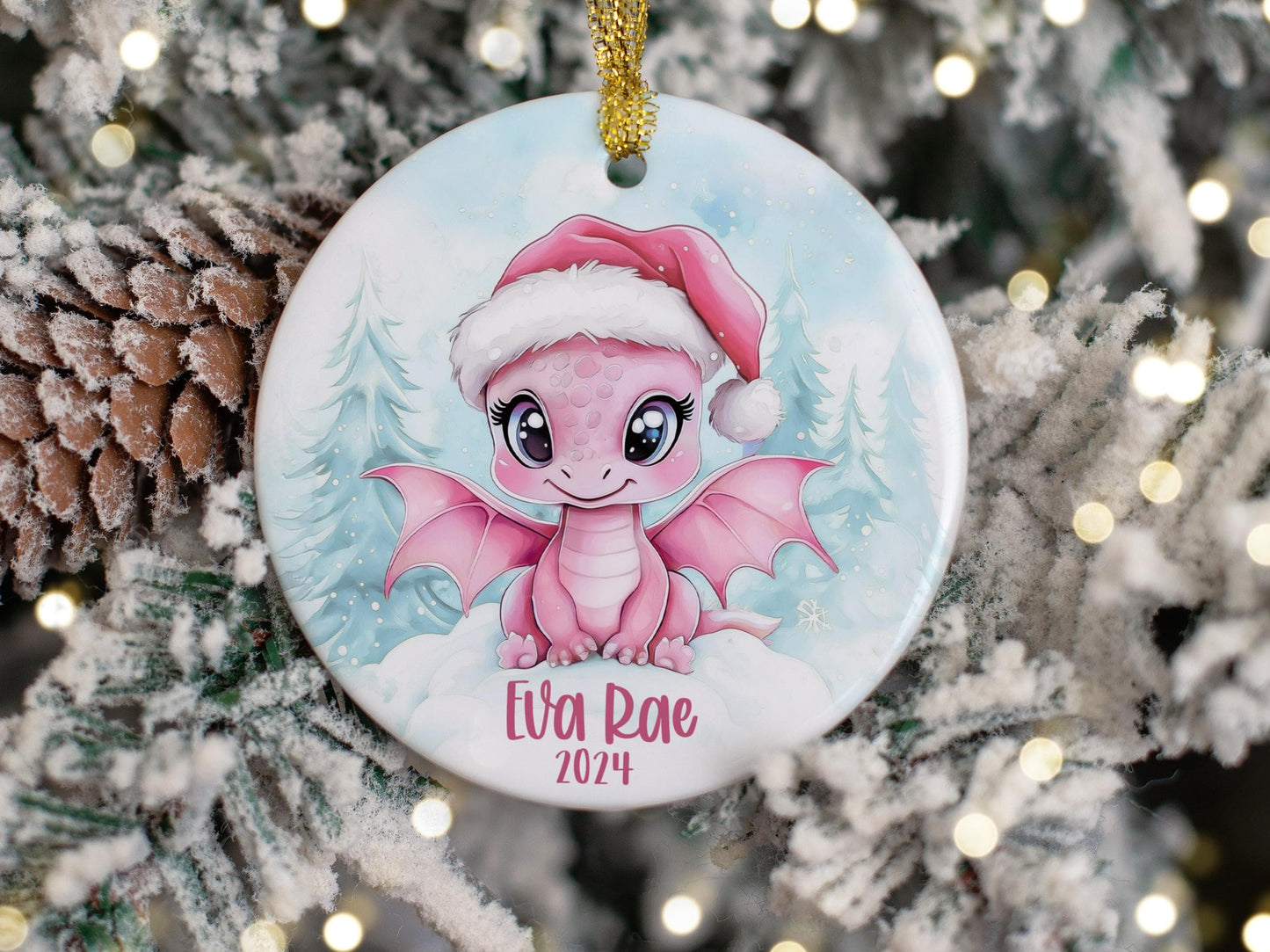 Girls Custom Dragon Ornament, Personalized Kids Christmas Dragon Ornaments, Childrens Gift Ornament with Any Name, Pink Christmas Ornament