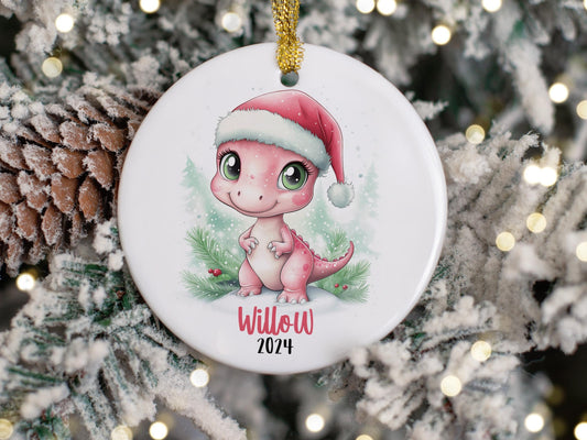 Custom Pink Dinosaur Ornament, Personalized Kids Christmas Trex Dino Ornaments, Girls Dinosaur Ornament ,Childrens Gift Ornament with Name