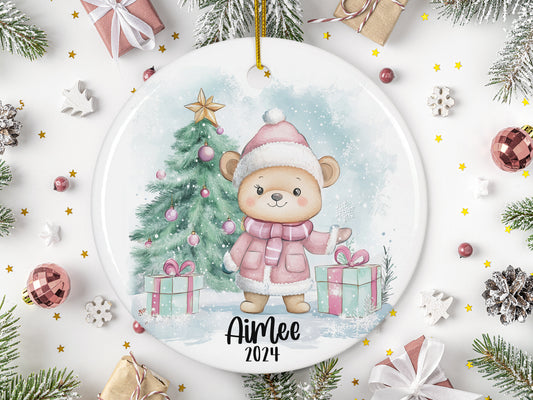 Custom Personalized Christmas Ornament, Pink Teddy Bear