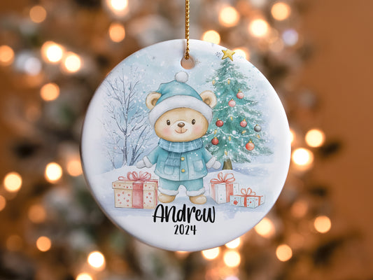 Custom Personalized Christmas Ornament, Blue Teddy Bear