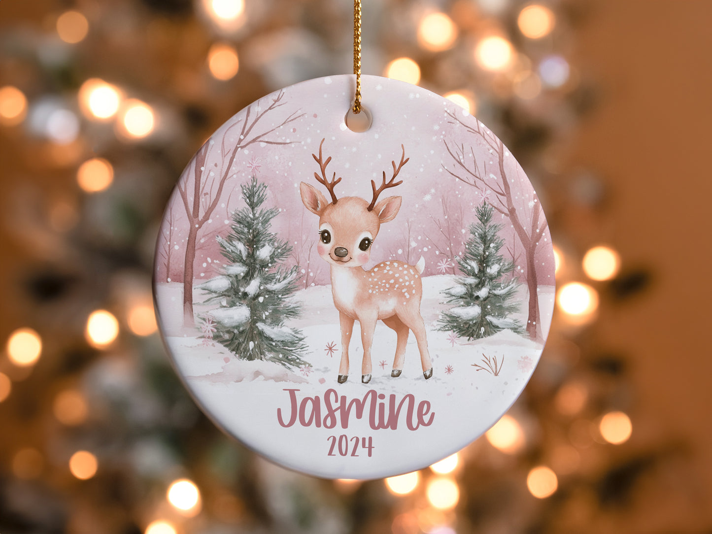 Custom Personalized Christmas Ornament, Pink Reindeer