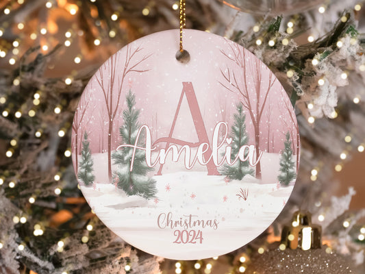 Pink Winter Forest Custom Personalized Initials Name Ornament