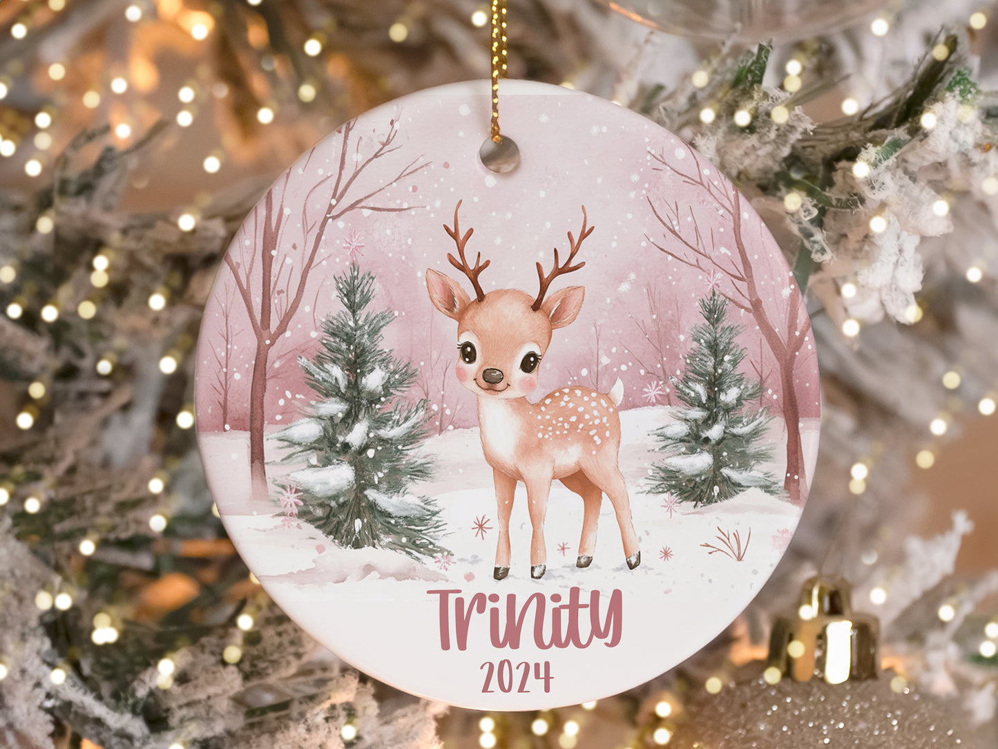 Custom Personalized Christmas Ornament, Pink Reindeer